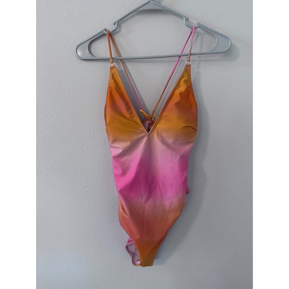 H&M womens swimsuit size small pink orange ombre one piece high leg